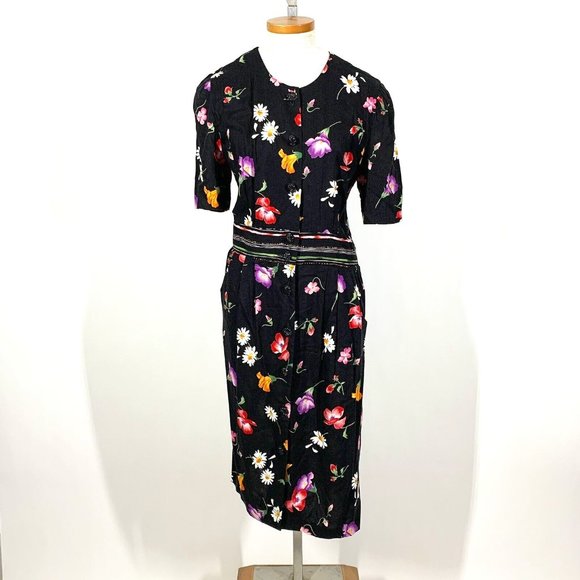 Vintage 90s Positive Attitude Black & Floral Print Midi Grunge Dress Sz 8 - Picture 1 of 9